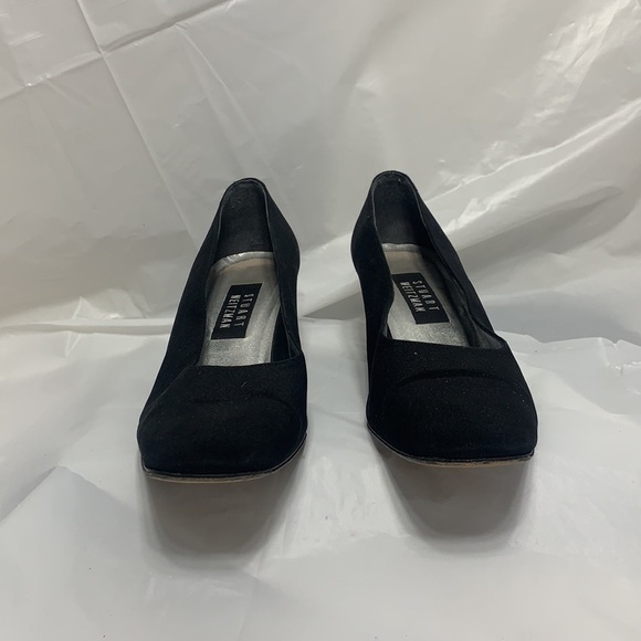 VINTAGE Stuart Weitzman Black Fabric Square Toe Slip On Heels Women’s Sz 8M - Picture 2 of 10